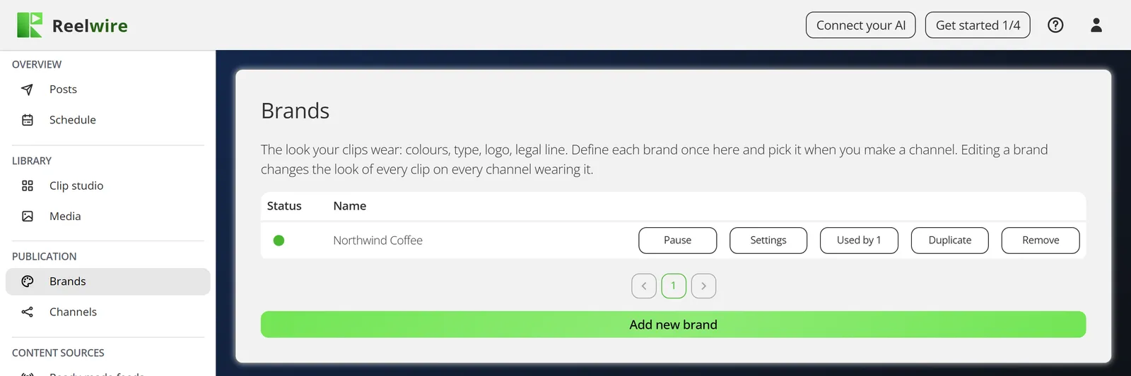 The Brands screen in the Reelwire dashboard: one brand, Northwind Coffee, with its Pause, Settings, Used by, Duplicate and Remove buttons, and Add new brand underneath