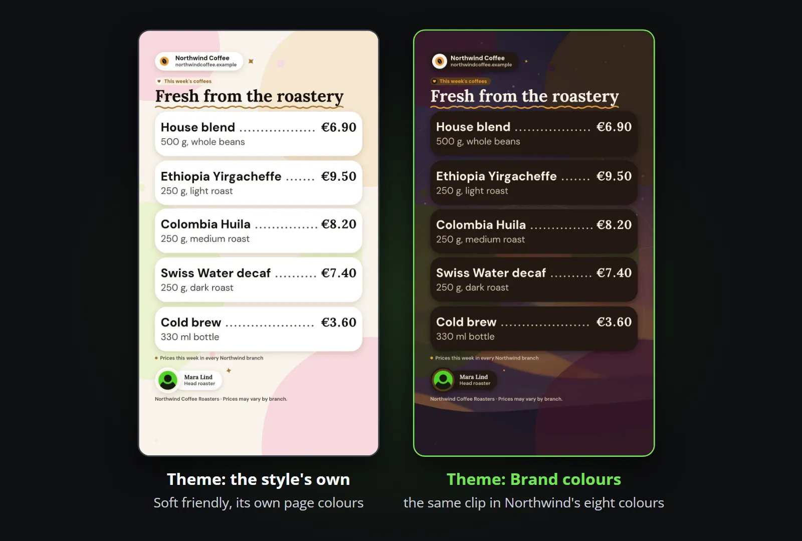 The same price list clip for Northwind Coffee twice, in the Soft friendly style: on the left with the style's own pink and cream page, on the right with the theme set to Brand colours, in Northwind's espresso cards, cream type and caramel accents over its background