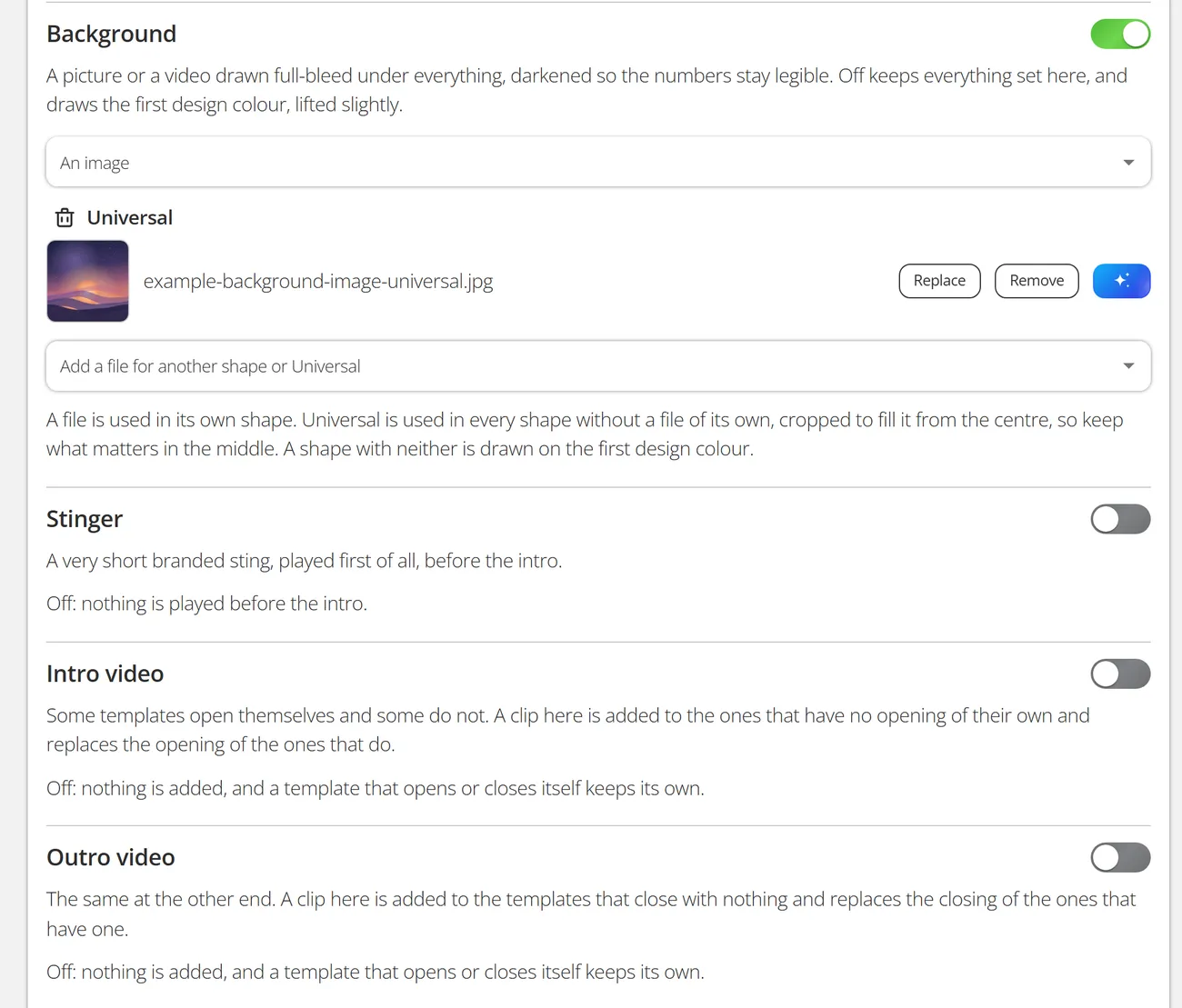 The background, stinger, intro and outro sections of the brand editor: a universal background image with Replace and Remove, a list to add a file for another shape, and the stinger, intro and outro switches with their explanations