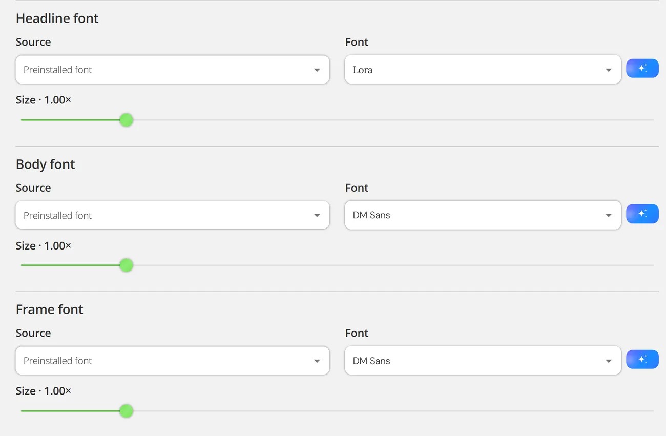 The font section of the brand editor: headline font set to Lora, body and frame fonts set to DM Sans, each preinstalled, each with its size slider at 1.00 times