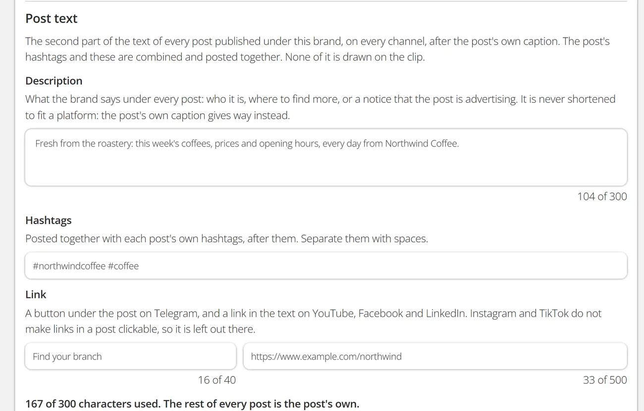 The Post text section of the brand editor: Northwind's description, the hashtags northwindcoffee and coffee, and the link Find your branch with its address, with 167 of 300 characters used