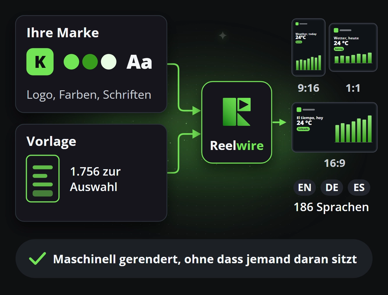 Ihre Marke und eine Vorlage gehen in Reelwire hinein, ein Clip kommt in drei Bildformaten und mehreren Sprachen heraus